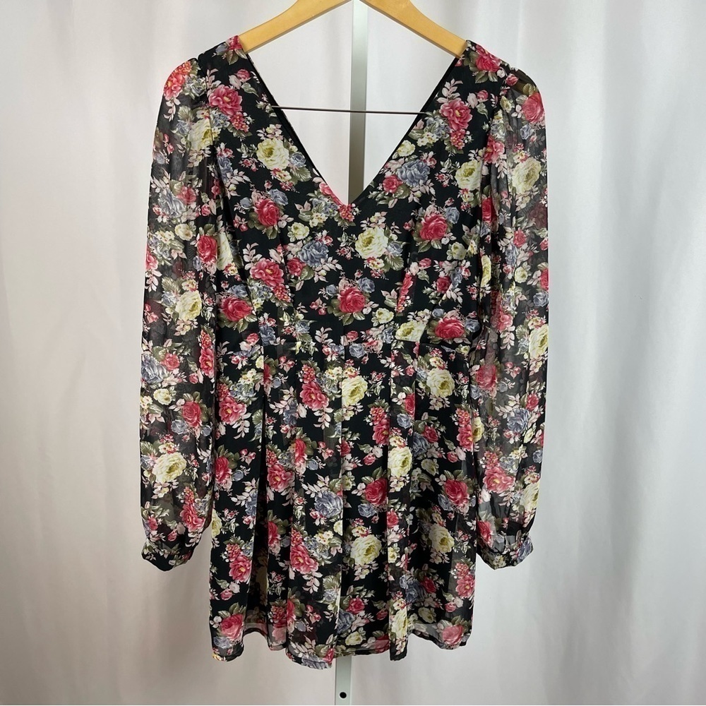 B_envied Large Rose Floral V Neck Sheer Sleeve Mini Skirt Formal Pleat Flowy